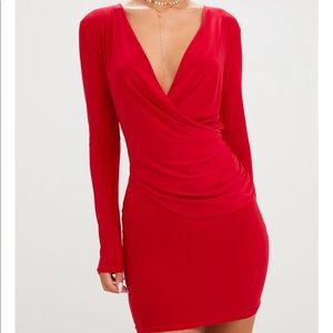 Red Bodycon Ruched Wrap Dress